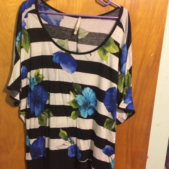 Black and white striped shirt with blue flowers