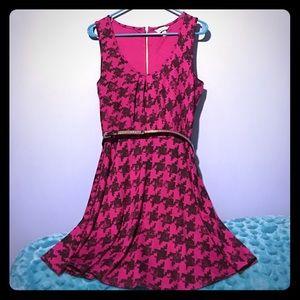 Magenta houndstooth skater dress with belt