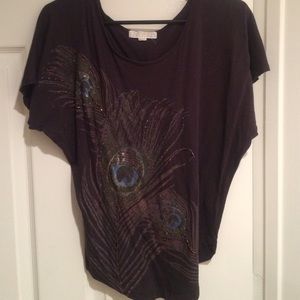 Casual, dark brown/gray shirt with peacock design