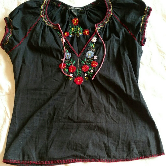 Black Top with Floral Stitching - Picture 1 of 4