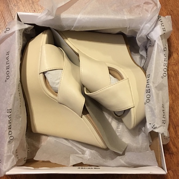 Bamboo Booth-21 Cross Band Wedge Heels in Ivory 8 - Picture 2 of 4