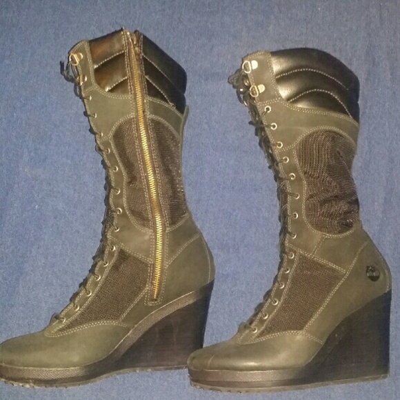 Black Timberland calf high wedge boots