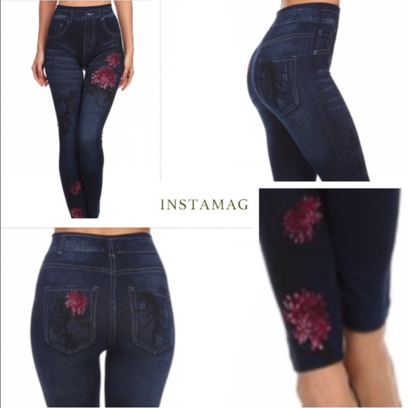 HOT PINK DAHLIA FLOWER DETAIL PAINTED JEGGINGS! - Picture 2 of 2