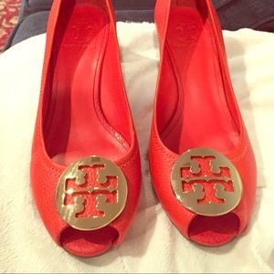 Tory Burch Peep Toe Sally Leather Wedges