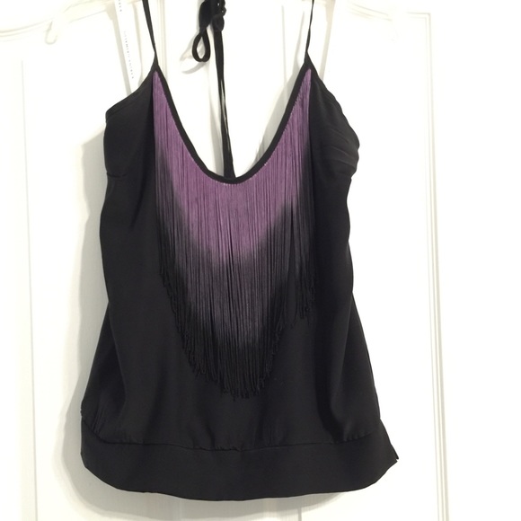 Karina Grimaldi 100% silk fringe black halter top