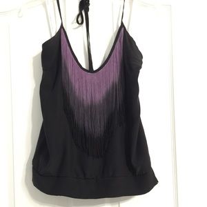 Karina Grimaldi 100% silk fringe black halter top