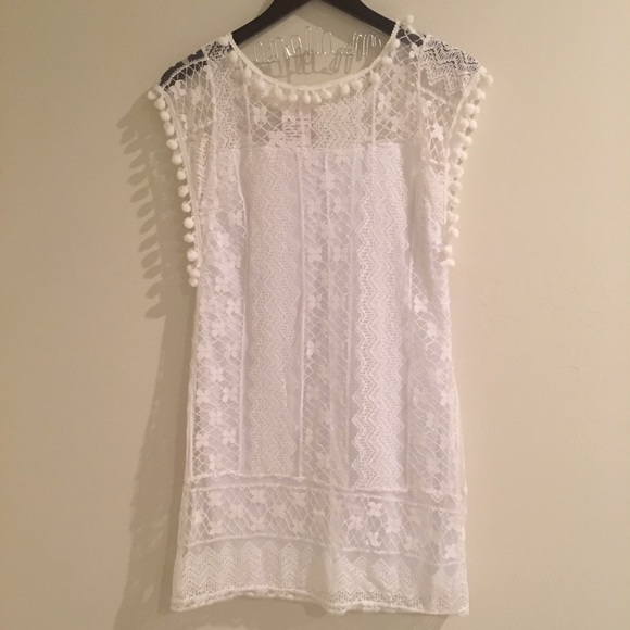 🆑 Boho Mini Sleeveless White Lace Dress - Picture 4 of 4