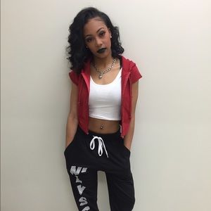 Red zip up hoodie crop jacket