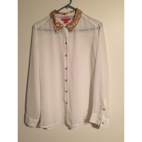 Sheer women's button up blouse with golden collar