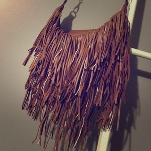 Faux leather beaded fringe cross-body bag.