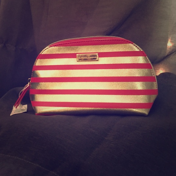 New York & Company Red/Gold Striped Cosmetic Bag
