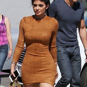 Kylie Jenner Inspired Long Sleeve Suede Dress