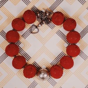 Carved Cinnabar Hammered Silver Bead Necklace