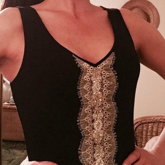 Black V Neck Tank Top with Lace Detail