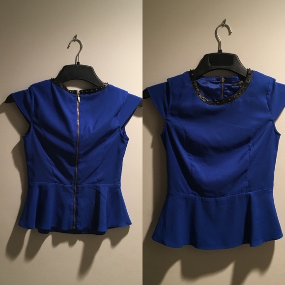 Express Blue Studded Zip Back Peplum Top - Picture 4 of 4