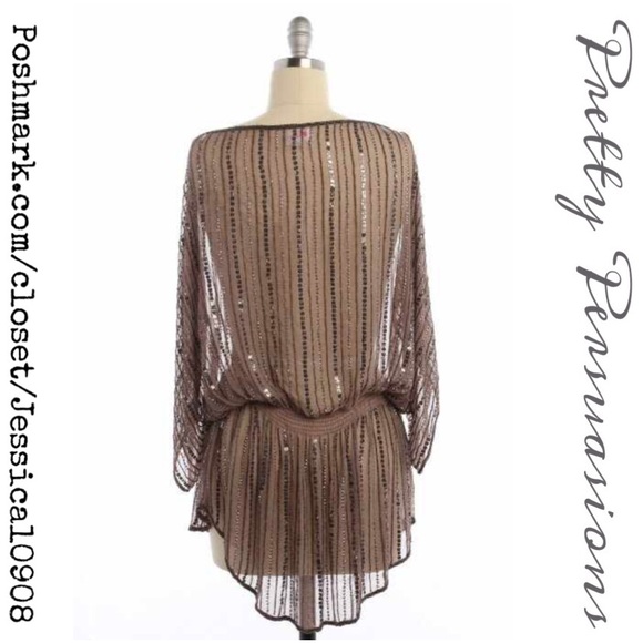 SOLD OUT🌻Parker Brown Sheer Beaded Silk Tunic Top - Picture 3 of 4
