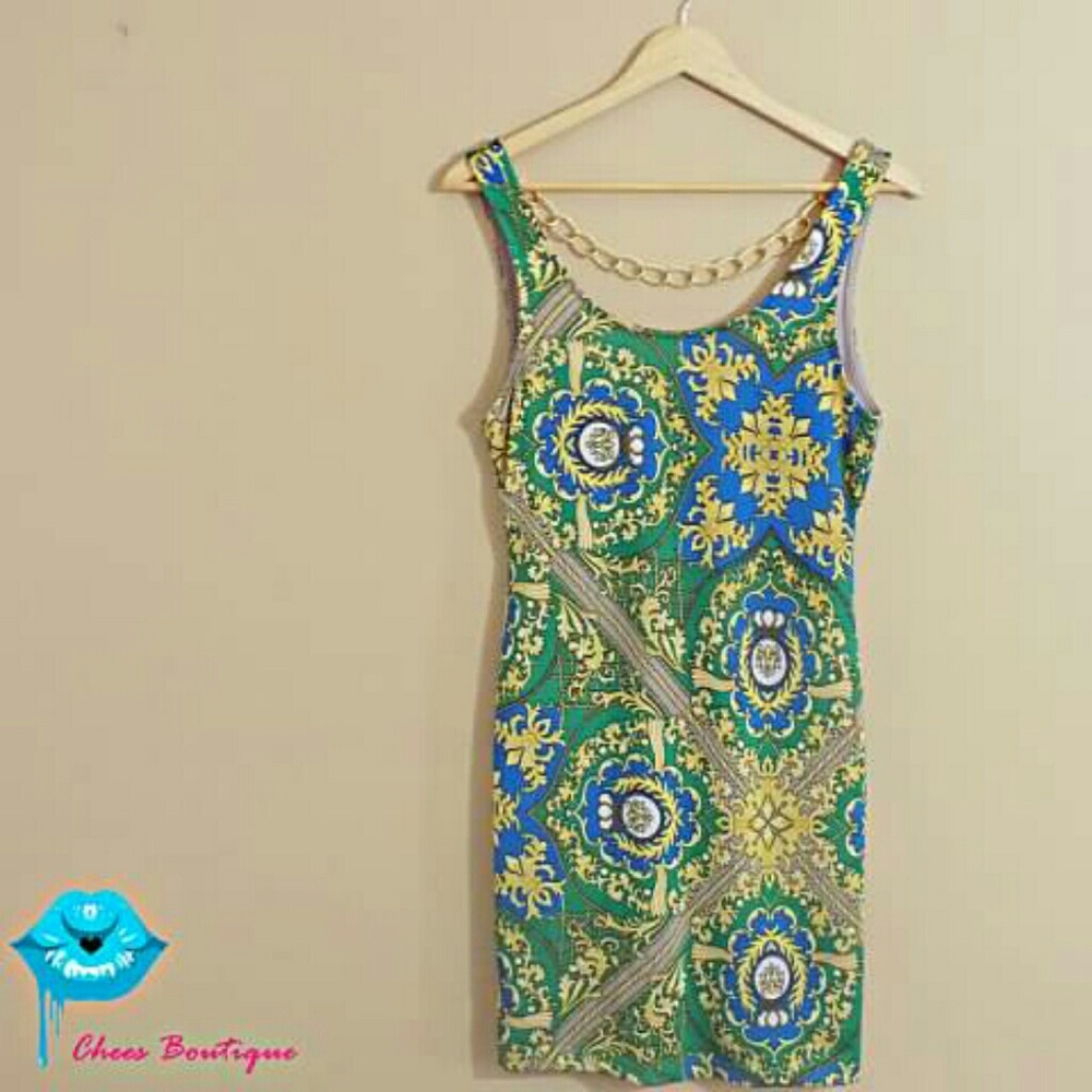 💕Arden B Gold Green and Blue Print Dress