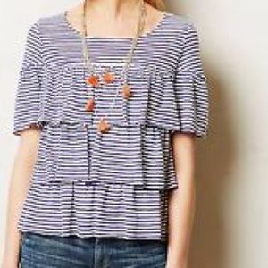 Anthropologie blue stripe ruffle top