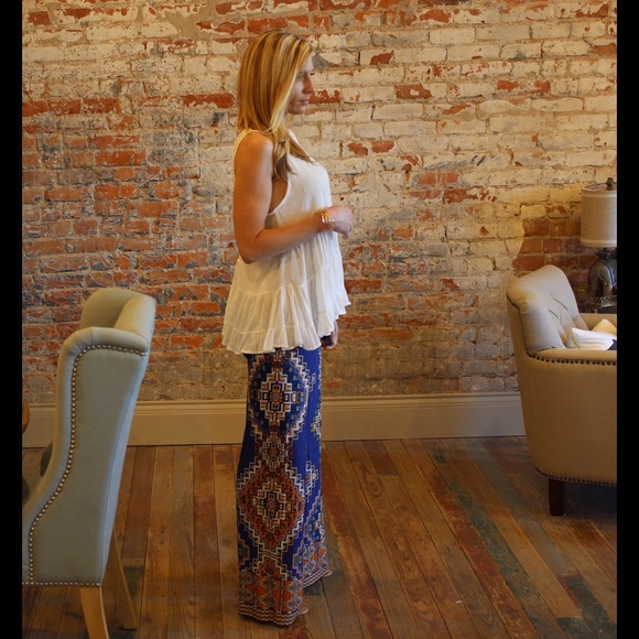 Blue/orange printed fold over waist palazzo pants - Picture 2 of 4