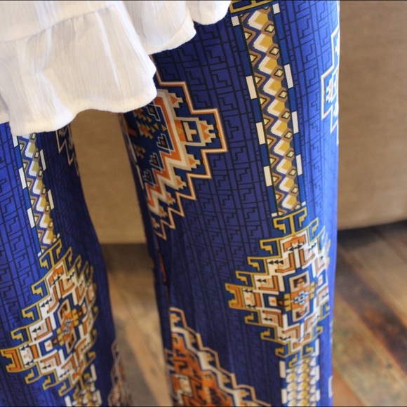 Blue/orange printed fold over waist palazzo pants - Picture 4 of 4