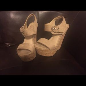 Faux suede tan wedges
