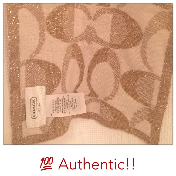 Coach Logo Reversible Gold and Cream Sparkly Scarf - Picture 2 of 4