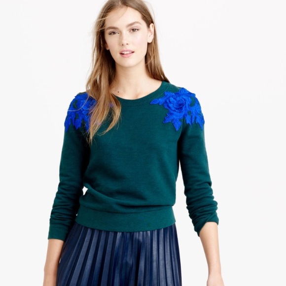 j crew green jumper with blue floral applique - Picture 1 of 1