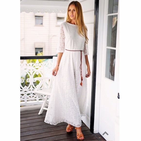 White Lace Maxi Dress with 3/4 sleeve size 8