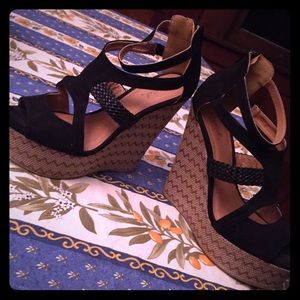 Qupid Black Strappy Wedges - worn twice!