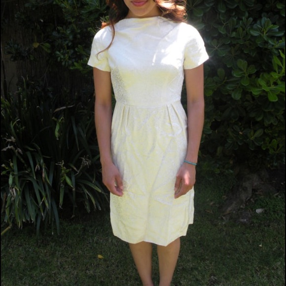 1960s Off White Shiny Baroque Print Cocktail Dress