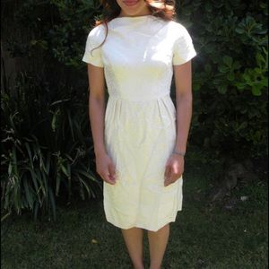 1960s Off White Shiny Baroque Print Cocktail Dress