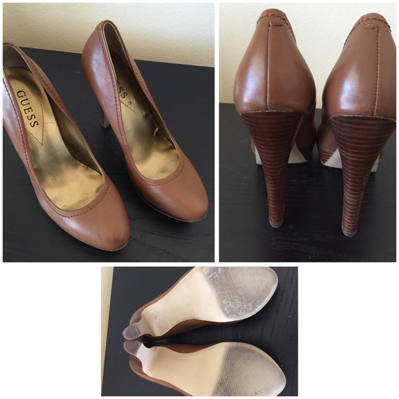 4' GuessColor camel leather closed toe heels.