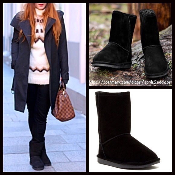 BLACK SUEDE SHEARLING ANKLE BOOTIES BOOTS A3C - Picture 7 of 12