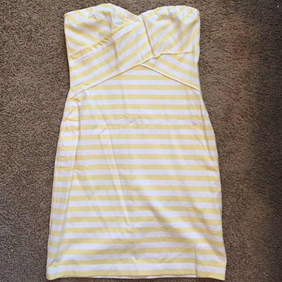 Yellow and white strapless dress