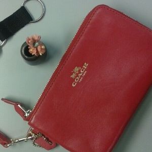 Red Coach Double Corner Zip wristlet