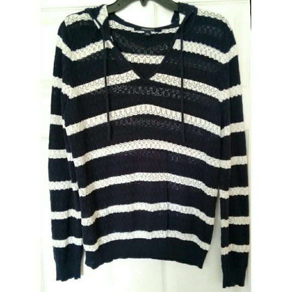 Navy and White Striped Crocheted Hooded Top - Picture 2 of 4