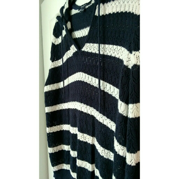 Navy and White Striped Crocheted Hooded Top - Picture 3 of 4