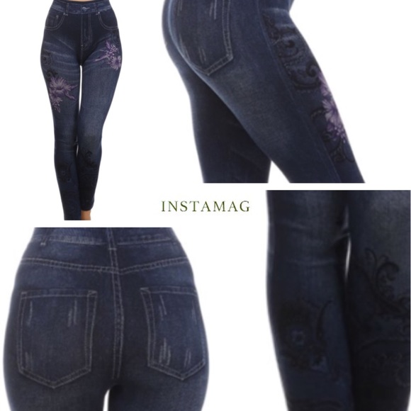 PURPLE HIBISCUS STRETCHY JEGGINGS! - Picture 2 of 2