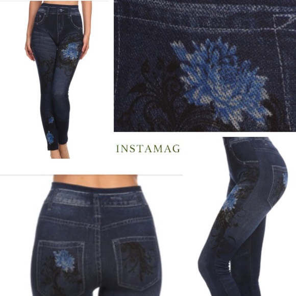 BLUE DAHLIA WITH FRENCH LEAF DESIGN JEGGINGS! - Picture 2 of 2