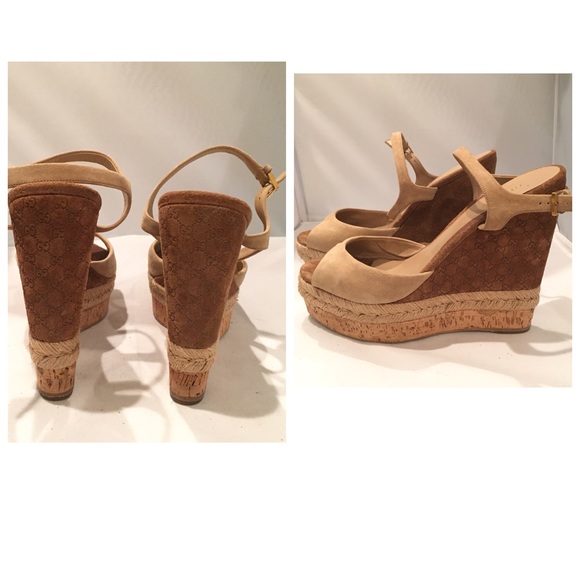 Auth Gucci nude suede wedge heel guccissima - Picture 4 of 4
