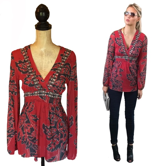 Sweet Pea Red Gray Floral Empire Waist Top
