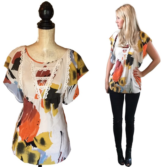 Anthropologie Edme & Esyllte Floral Lace Trim Top