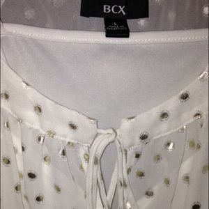 cut out shoulder, long sleeve white with gold dots