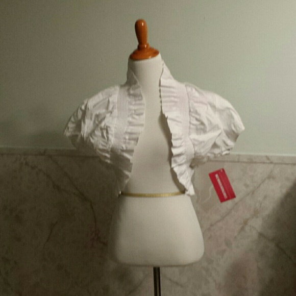 Open White Shrug With Lace Back & Ruffled Front