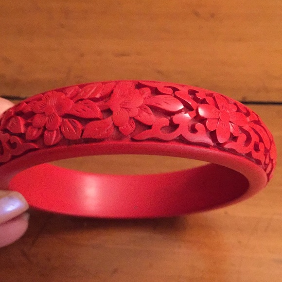 Jewelry - Vintage Carved Cinnabar Bangle Bracelet
