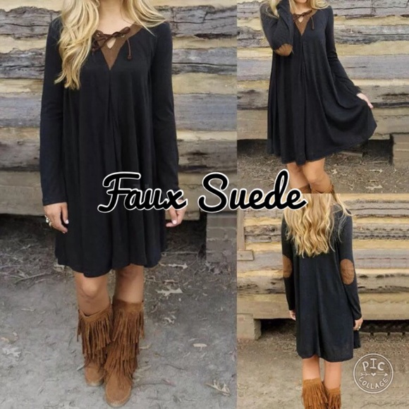 1 Left! Black Dress w/Faux Suede Lace Up & Elbows - Picture 2 of 3