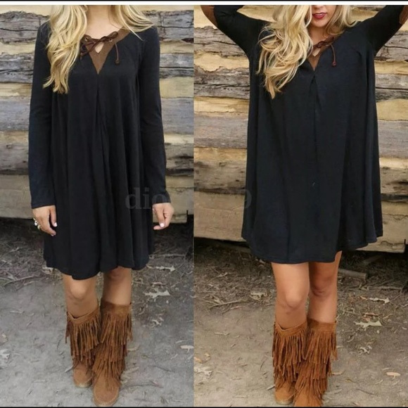 1 Left! Black Dress w/Faux Suede Lace Up & Elbows - Picture 3 of 3