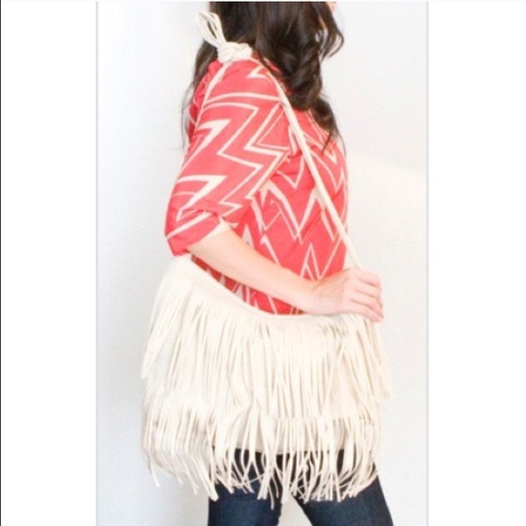 NEW FAUX SUEDE FRINGE CROSSBODY HOBO BAG IVORY