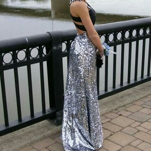 Black and silver sequined prom dress