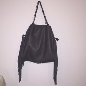 Gray fringe handbag with chain handles